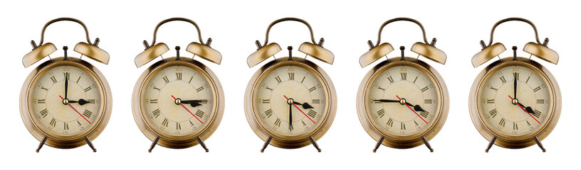 Wall Mural - Alarm clock set, vintage clock with time period 03:00, 03:15, 03:30, 03:45, 04:00 a.m., p.m. isolated on white background close-up