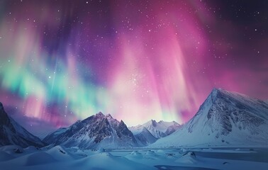 Wall Mural - Vibrant Northern Lights Over Snow-Capped Mountains in Winter Night