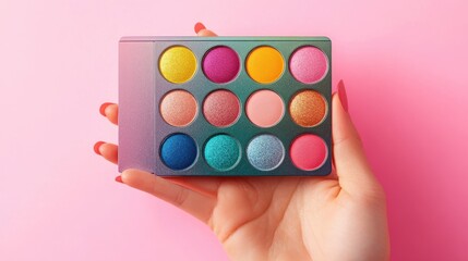 Wall Mural - Multicolored Eyeshadow palette,Black plastic square case with colorful eye shadow and glitter round samples,Tool for makeup artist,Cosmetic, Beauty shop,Summer eye shadow,beauty product template.