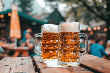 Cheers echo in the air as friends raise beer mugs, savoring pretzels in a vibrant festival atmosphere.