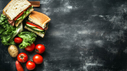 A visual featuring a lunch box with a sandwich and vegetables, set against a chalkboard background.