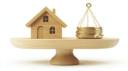 A 3D illustration depicting a wooden house and a stack of golden coins balanced on a scale against a white background