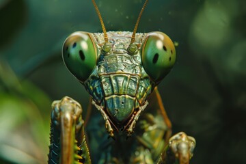 Poster - A close-up shot of a praying mantis' face, with its distinctive features and markings visible