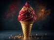 © kittipon - Crimson Velvet Craving: Rich red velvet ice cream, intricate cone detailing, gold accents, decadent and indulgent feel