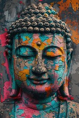 Poster - A Buddha statue with vibrant colors applied to its face, a unique and creative depiction