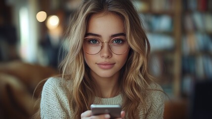Poster - businesswoman attractive sitting indoors at the desk in office using smartphone