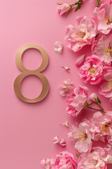 Poster - Pink number eight surrounded by pink flowers on a pink background