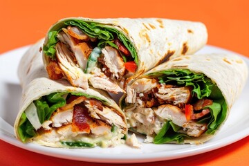 Poster - A delicious-looking wrap filled with meat and vegetables on a white plate