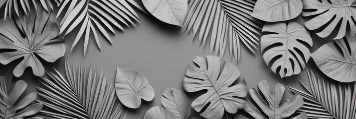 Wall Mural - Symmetrical Monochrome Tropical Foliage Pattern on Solid Background, Generative Ai