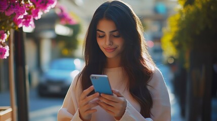 Young brunette woman using 5g smartphone for online communication in urban setting