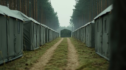 Wall Mural - gray military tents in a sunlit pine forest on a spring day