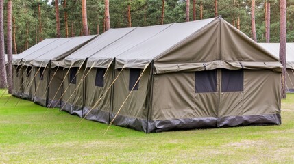 gray military tents in a sunny pine forest camp during springtime