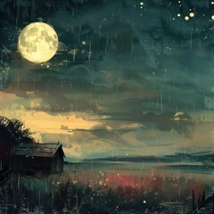 Wall Mural - A solitary cabin stands in a field under a full moon and a starry sky