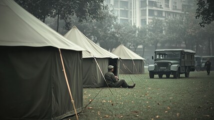 military camp in a french backyard during world war ii with tents, an army truck, and soldiers in vi