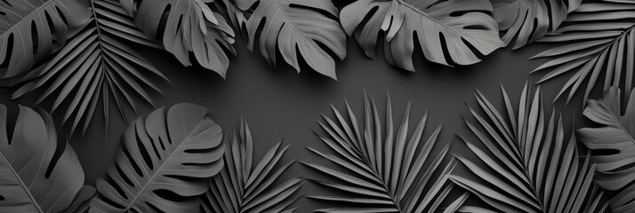 Lush Tropical Foliage Close-up on Monochrome Background, Generative Ai