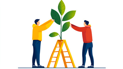 Two individuals nurturing a large plant with vibrant leaves, symbolizing teamwork and sustainable growth in a modern style.