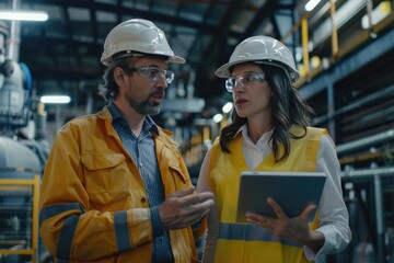 Poster - Two construction workers inspecting a tablet on-site, with a focus on technology and teamwork