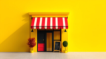 A vibrant storefront featuring a striped awning, colorful wall, and inviting plants, perfect for retail or cafe imagery.