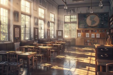 Poster - A room filled with tables and chairs, ideal for education or training
