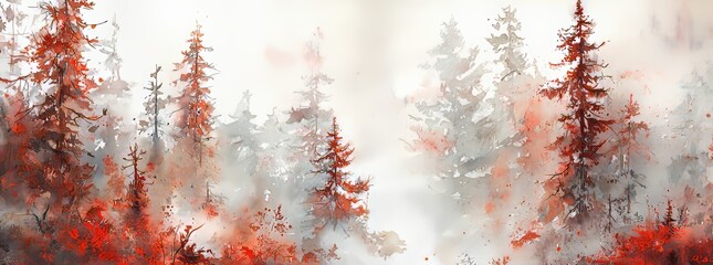 Painting in watercolor of an autumn forest landscape conceptual image in an alternate color fantasy autumn season