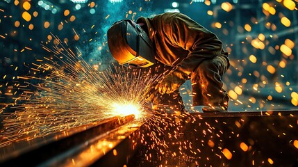 Poster - A skilled welder working on intricate metal fabrication surrounded by flying sparks. copy space for text.