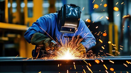 Poster - A skilled welder working on intricate metal fabrication surrounded by flying sparks. copy space for text.