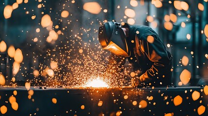 Poster - A skilled welder working on intricate metal fabrication surrounded by flying sparks. copy space for text.