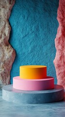 Wall Mural - A colorful display of three stacked cakes on a pedestal