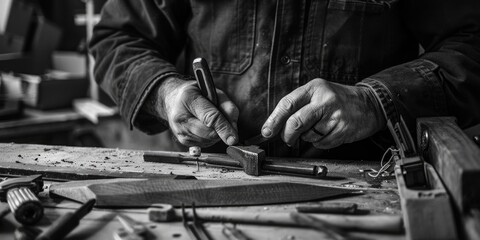 Poster - A person manually shaping and carving a wooden object using a hammer