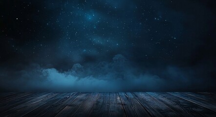 Poster - neon light smoke. dark abstract background. night wooden table on wooden floor.
