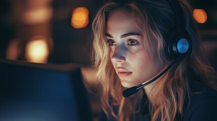 Poster - Call center operator girl, cold calls. copy space for text.