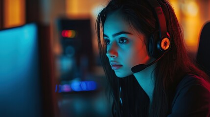 Poster - Call center operator girl, cold calls. copy space for text.