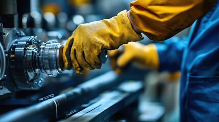 Poster - close-up of a worker's hands in protective gloves working on a factory machine. copy space for text.