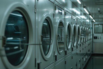 Poster - A row of industrial washing machines in a modern laundry room setting