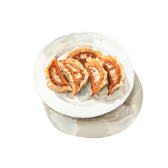 Wall Mural - Watercolor illustration of grilled dumplings on a plate on white background