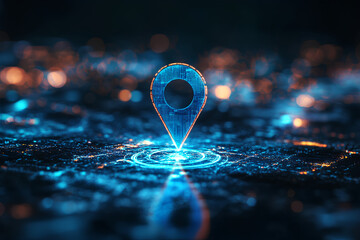 Poster - Abstract blue location dots or map pins on digital marketing technology innovation path, Rendering 3d. Generative AI