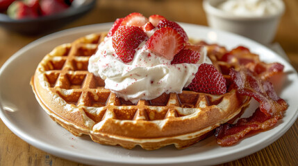 A comforting breakfast of homemade waffles topped with fresh strawberries and whipped