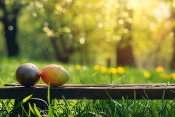 Poster - Two decorative eggs placed on a rustic wood bench