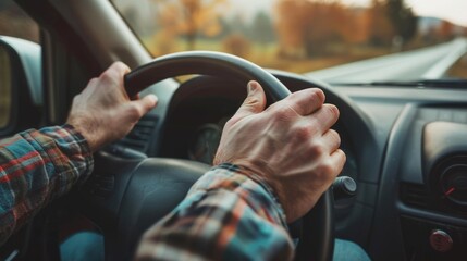 Poster - A person driving a car on a rural road with nature surroundings