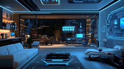 Poster - A futuristic smart home with interconnected devices and holographic controls