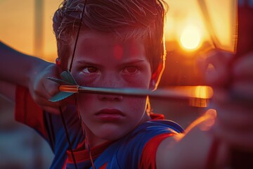 Poster - A young boy holding a bow and arrow, ready for adventure