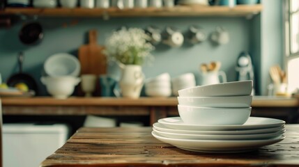 Poster - A stack of white plates on a wooden table