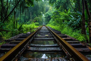 Poster - A railway track running through a dense forest, perfect for use as a background or element in your design