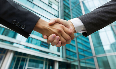 Business agreement concept with two businessmen making handshake in front of corporate building