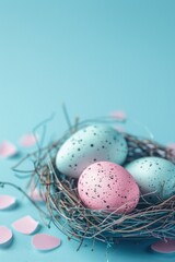 Poster - A bird's nest containing various shades of pink and blue eggs, ready to hatch