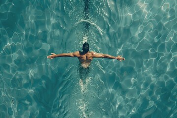 Poster - A person swimming in a pool with arms outstretched, perfect for illustrating relaxation or leisure activities