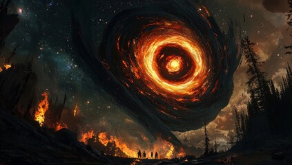 Wall Mural - there is a fiery glow around the portal. dark contours can be seen around it.