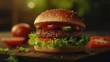 A delicious hamburger showcasing a realistic, juicy meat patty in the middle, surrounded by