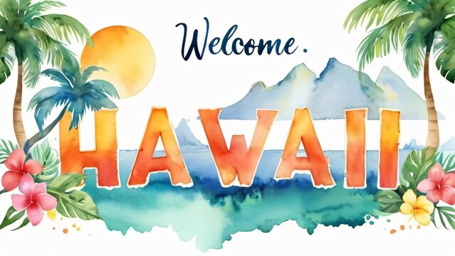 watercolor of Vintage summer holiday poster featuring a beach scene with festive decoration