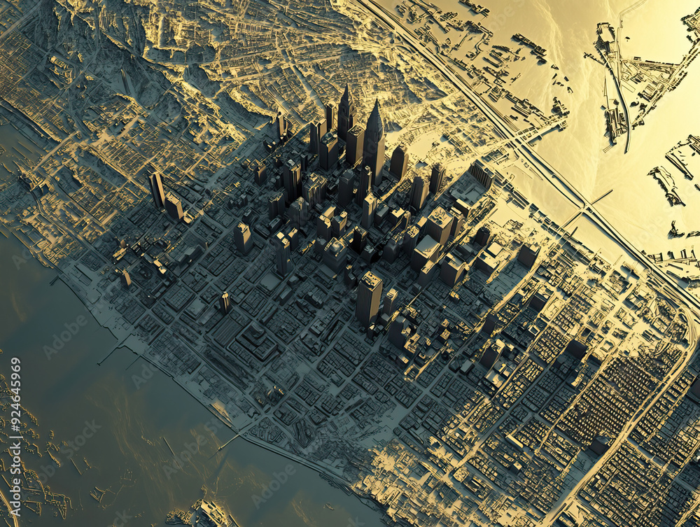 Technical aerial visual, 3D LiDAR GIS aerial map satellite scan model ...
